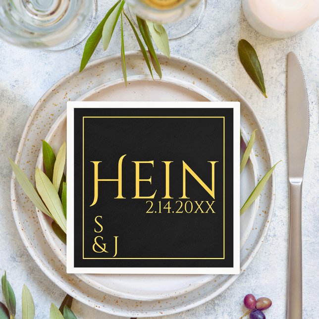 Serviette En Papier Monogramme Noir Or Initiales Date Mariage (Monogram Black Gold Initials Date Wedding Napkins)