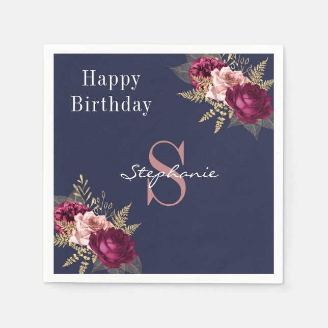 Serviette En Papier Monogramme Nom personnalisé Bourgogne rose Or Flor (Devant)