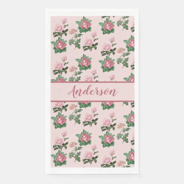 Serviette En Papier Monogramme Nom Roses Roses Fleuris Shabby Chic (Devant)