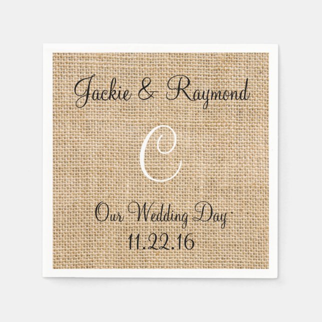 Serviette En Papier Monogramme Noms Date Russe Burlap Monogramme (Devant)