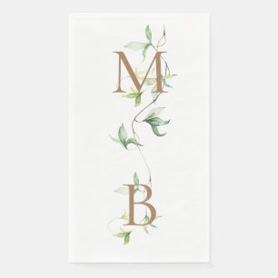 Serviette En Papier Monogramme Or Feuillage Blanc Elégant Mariage II