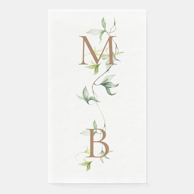 Serviette En Papier Monogramme Or Feuillage Blanc Elégant Mariage II (Devant)