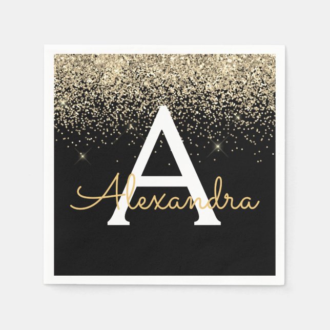 Serviette En Papier Monogramme Parties scintillant de luxe noir or (Devant)