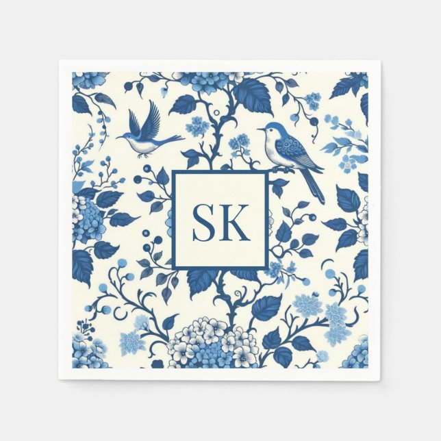 Serviette En Papier Monogramme personnalisé Chinoiserie Bleu et blanc (Devant)
