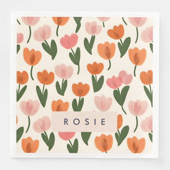 Serviette En Papier Monogramme Personnalisé Cute Spring Tulip Motif (Devant)