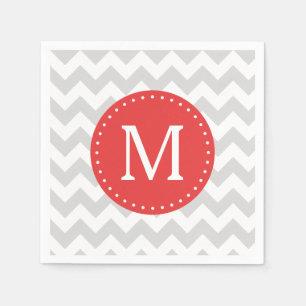 Serviette En Papier Monogramme personnalisé gris et rouge Chevron