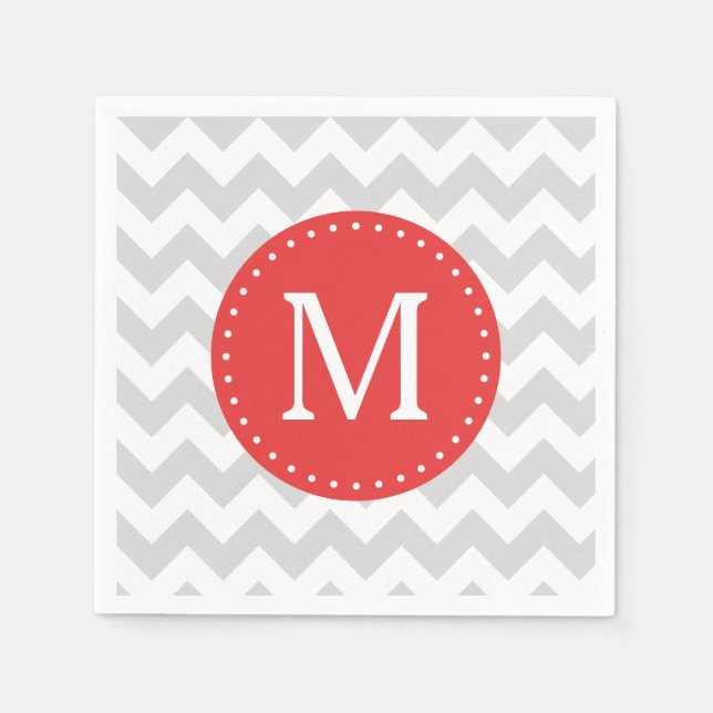 Serviette En Papier Monogramme personnalisé gris et rouge Chevron (Devant)