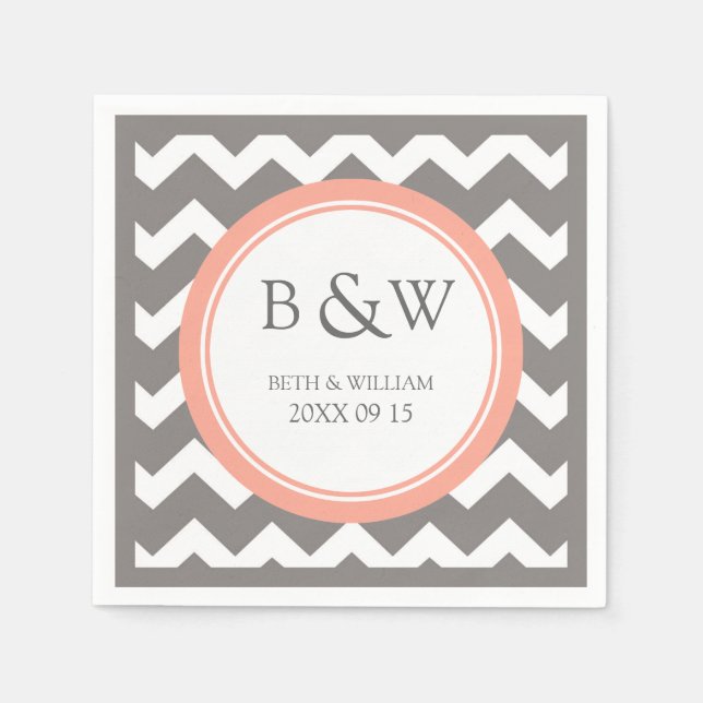 Serviette En Papier Monogramme personnalisé Mariage Napkin Coral Grey  (Devant)
