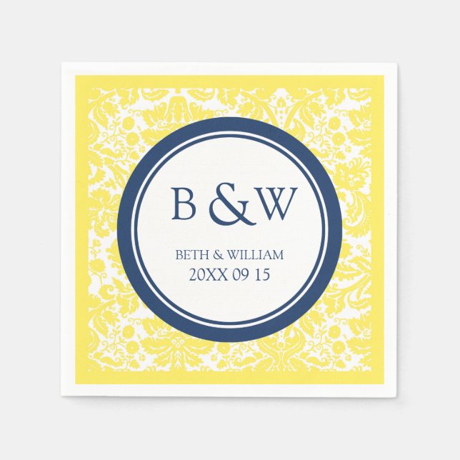Serviette En Papier Monogramme personnalisé Mariage Napkin Jaune Bleu  (Devant)