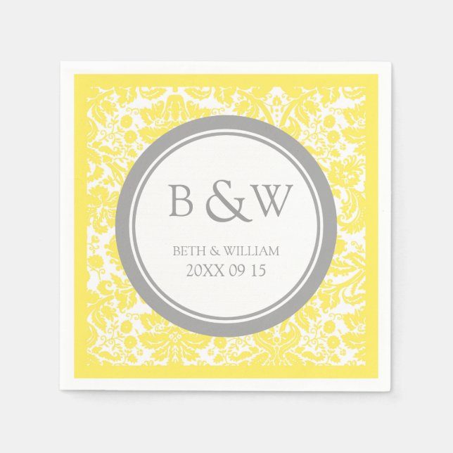 Serviette En Papier Monogramme personnalisé Mariage Napkin jaune gris  (Devant)