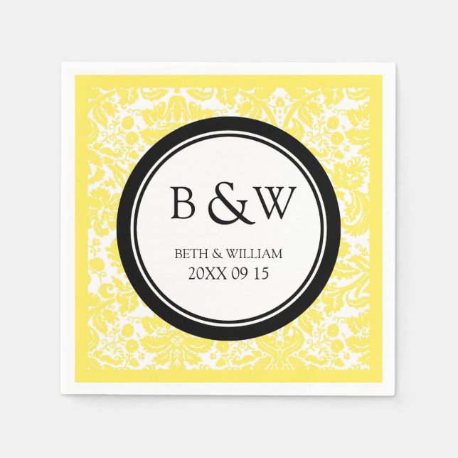 Serviette En Papier Monogramme personnalisé Mariage Napkin noir jaune  (Devant)