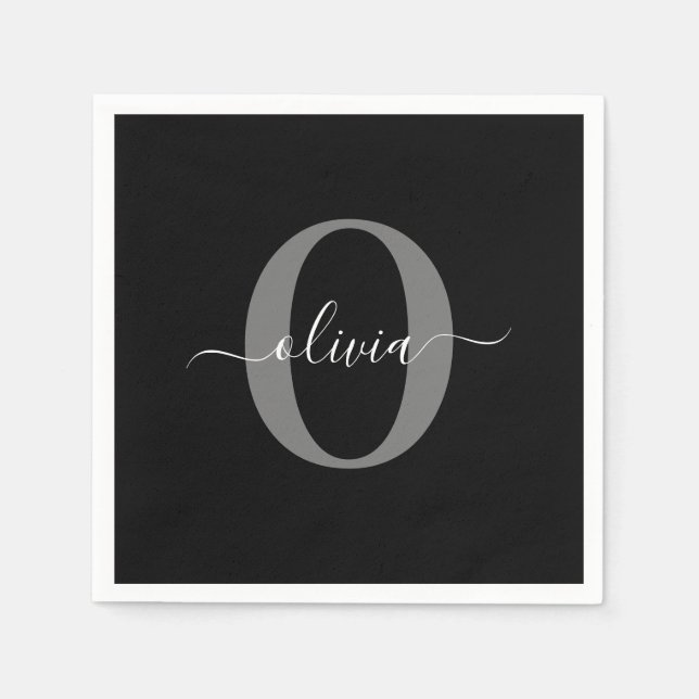 Serviette En Papier Monogramme personnalisé Nom de script noir blanc g (Devant)