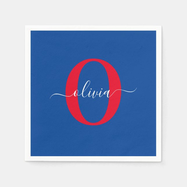 Serviette En Papier Monogramme personnalisé Nom du script Bleu Blanc R (Devant)