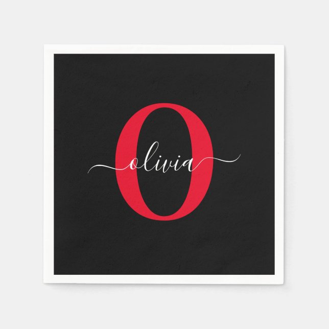 Serviette En Papier Monogramme personnalisé Nom du script Noir Blanc R (Devant)