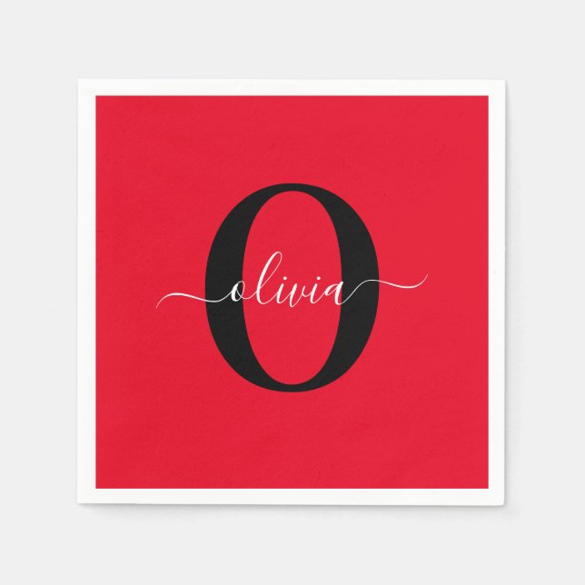 Serviette En Papier Monogramme personnalisé Nom du script Rouge Noir B (Devant)