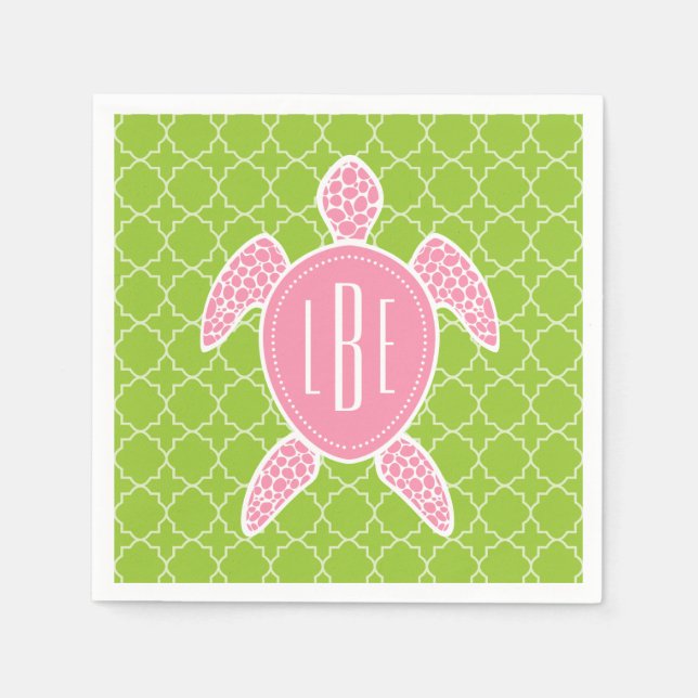Serviette En Papier Monogramme Pink Sea Turtle Green Quatrefoil (Devant)