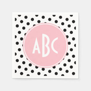 Serviette En Papier Monogramme Pois rose blanc et noir