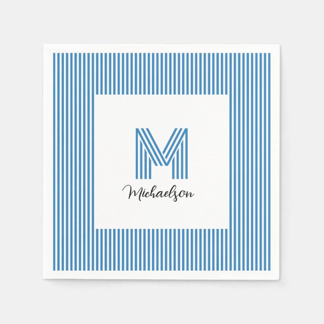 Serviette En Papier Monogramme Rayures Bleues Côtières Minimales Moder (Devant)