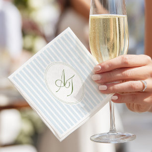 Serviette En Papier Monogramme Rayures Bleues Élégantes 
