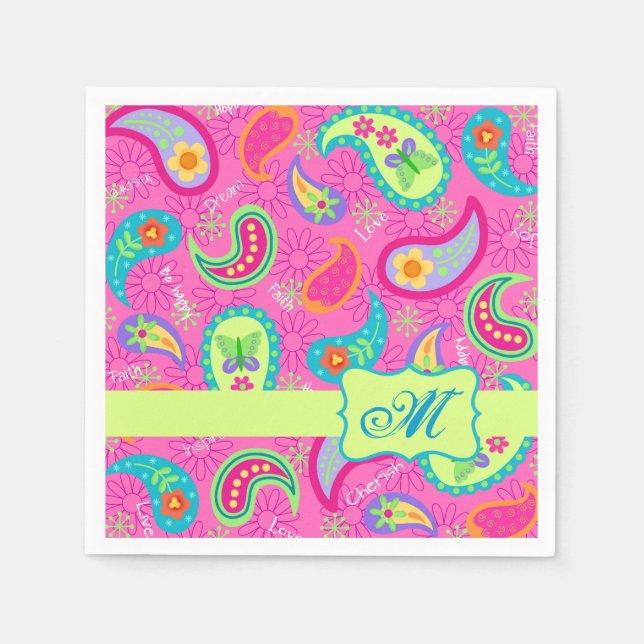 Serviette En Papier Monogramme rose chaud moderne Paisley (Devant)