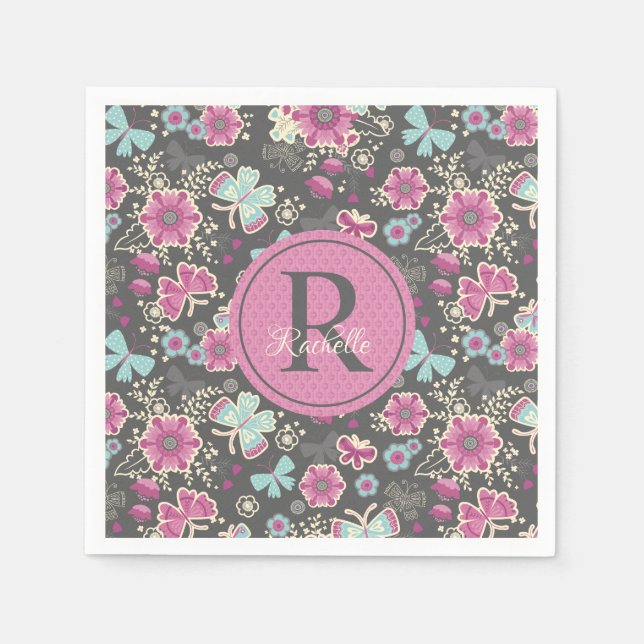 Serviette En Papier Monogramme rose Floral Motif d'anniversaire (Devant)