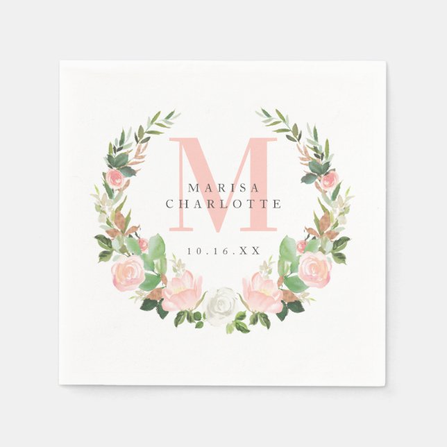 Serviette En Papier Monogramme rose Flore Wreath Baptême Dédication (Devant)