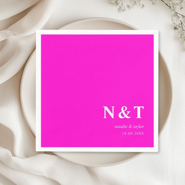 Serviette En Papier Monogramme rose néon (Monogram, modern, simple, elegant napkins, neon-pink, with your names and date.)