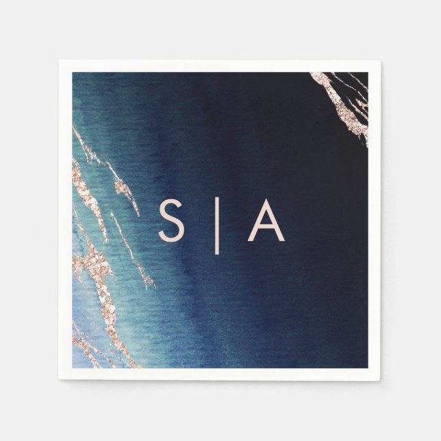 Serviette En Papier Monogramme Rose or Mariage et agate bleu marine (Devant)