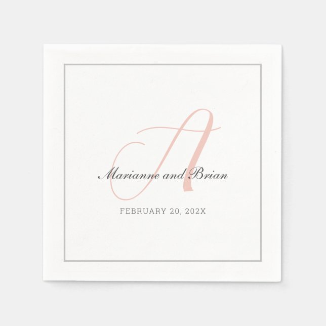 Serviette En Papier Monogramme Rose rose, bleu et gris de colombe (Devant)
