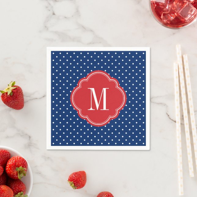 Serviette En Papier Monogramme rouge blanc et bleu Pois (En situation)