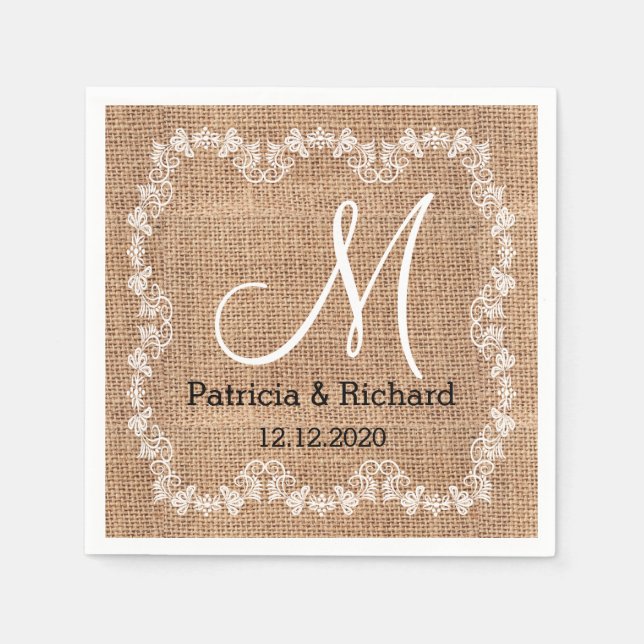 Serviette En Papier Monogramme Rustique Mariage Burlap (Devant)