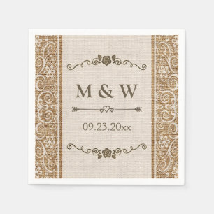 Serviette En Papier Monogramme Rustique Mariage de dentelle Burlap