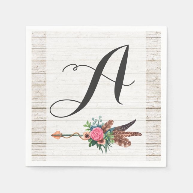 Serviette En Papier Monogramme Rustique Plumes de Bohême Mariage Flèch (Devant)