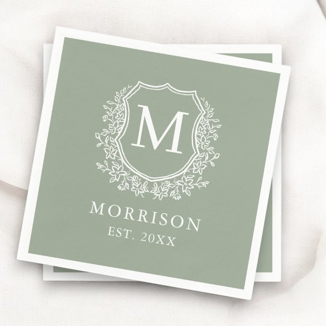 Serviette En Papier Monogramme Sage Green Crest Mariage botanique (Créateur téléchargé)