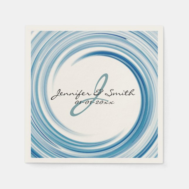 Serviette En Papier Monogramme Saphir bleu Swirl Art Abstrait (Devant)