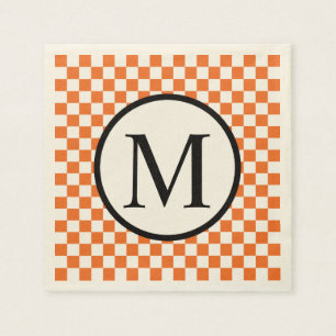 Serviette En Papier Monogramme simple avec le damier orange