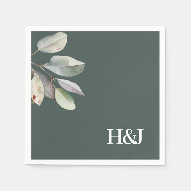 Serviette En Papier Monogramme sophistiqué eucalyptus feuilles (Devant)