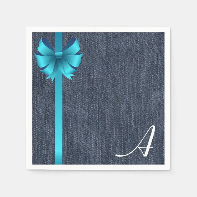 Serviette En Papier Monogramme sur Denim avec ruban bleu (Devant)