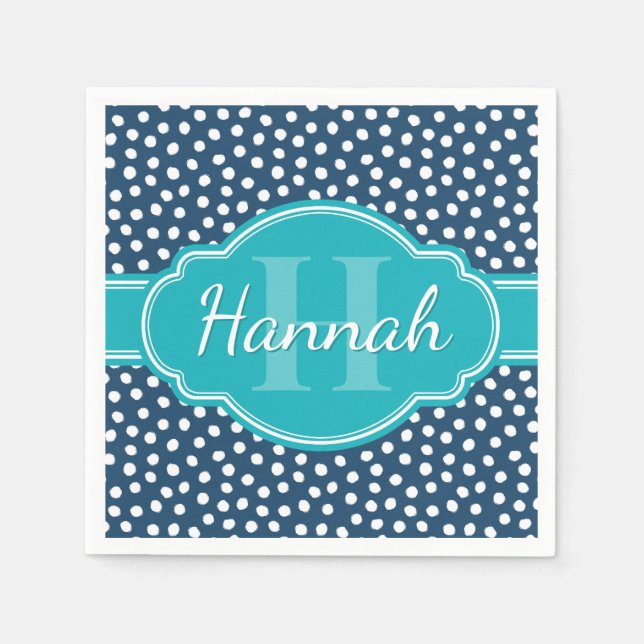 Serviette En Papier Monogramme Turquoise de Motif à pointes blanches d (Devant)