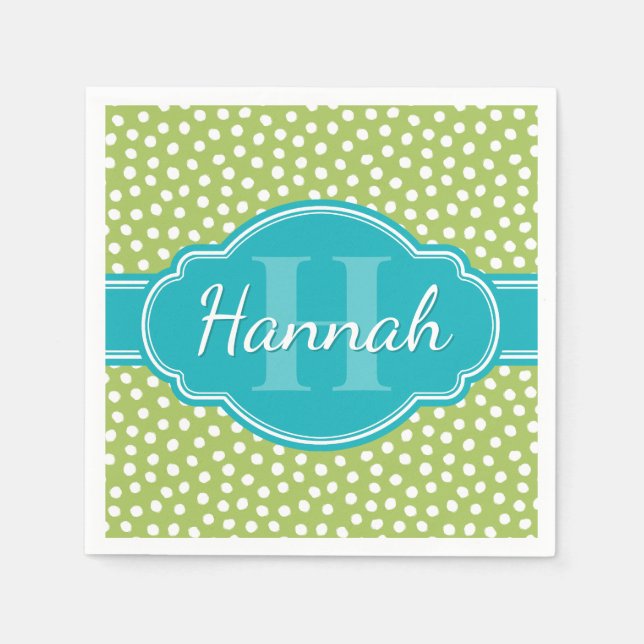Serviette En Papier Monogramme Turquoise de Motif blanc vert (Devant)