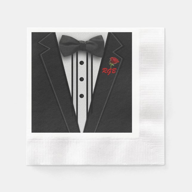 Serviette En Papier Monogramme Tuxedo avec Rose (Devant)