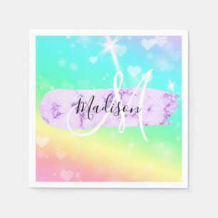 Serviette En Papier Monogramme Unicorn couleur Girly Rainbow Hearts