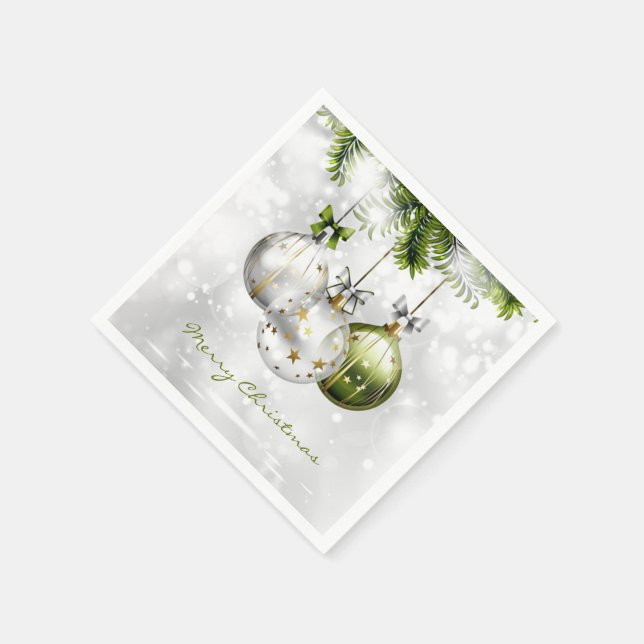 Serviette En Papier Monogramme Vert Argent Or Ornements de Noël (Coin)