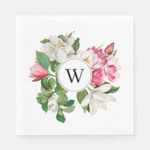 Serviette En Papier Monogramme vintage blanc et rose des fleurs de Mag