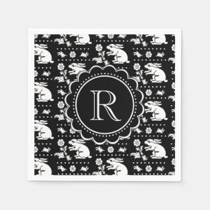 Serviette En Papier Monogramme vintage de lapin noir et blanc