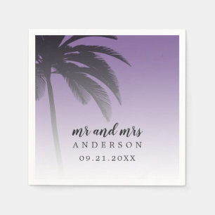 Serviette En Papier Monogramme Violet Tropical Palm Tree Beach Mariage