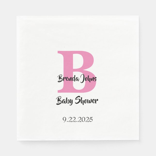 Serviette En Papier Monogrammes Baby shower rose blanc mignonne Élégan (Devant)