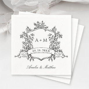 Serviette En Papier Monogrammes de crête classique Mariage noir et bla