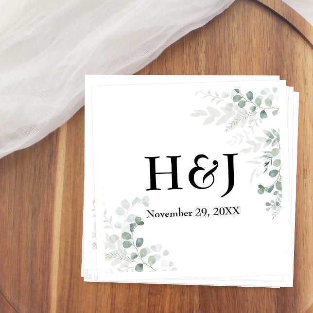 Serviette En Papier Monogrammes et Date de l'Élégante Verdure (Créateur téléchargé)