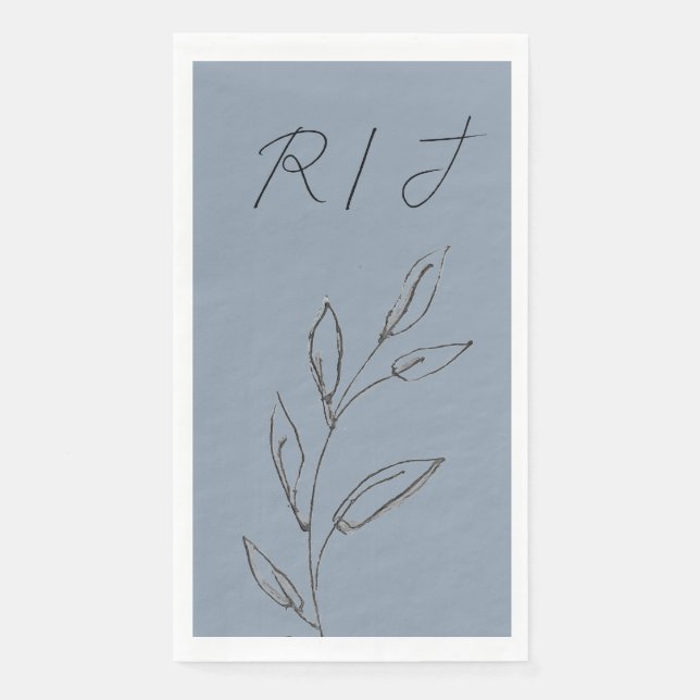 Serviette En Papier Monogrammes Feuilles noir blanc Dusty Mariage bleu (Devant)